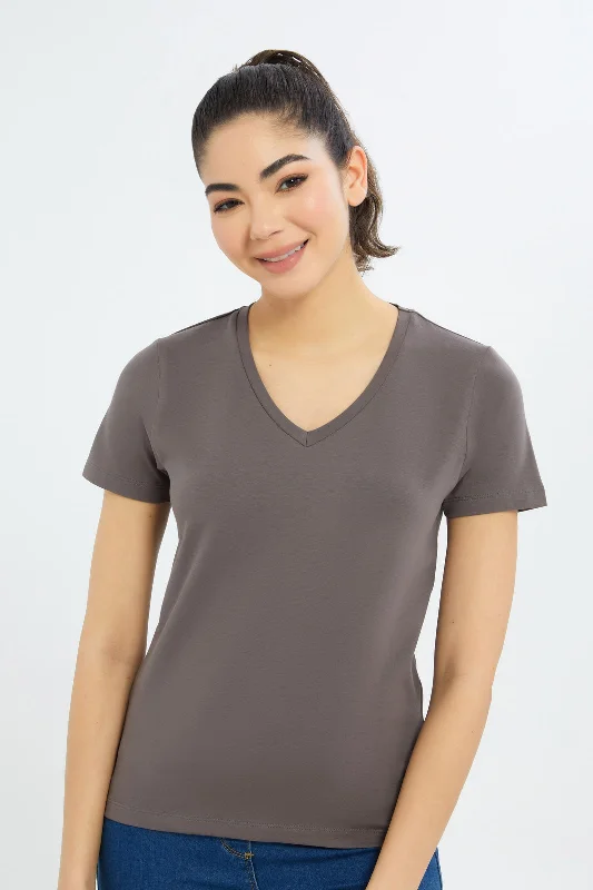 Women Brown Short Sleeve V-Neck T-Shirt