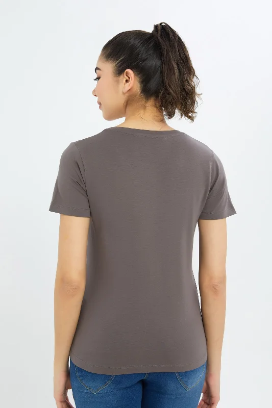 Women Brown Short Sleeve V-Neck T-Shirt