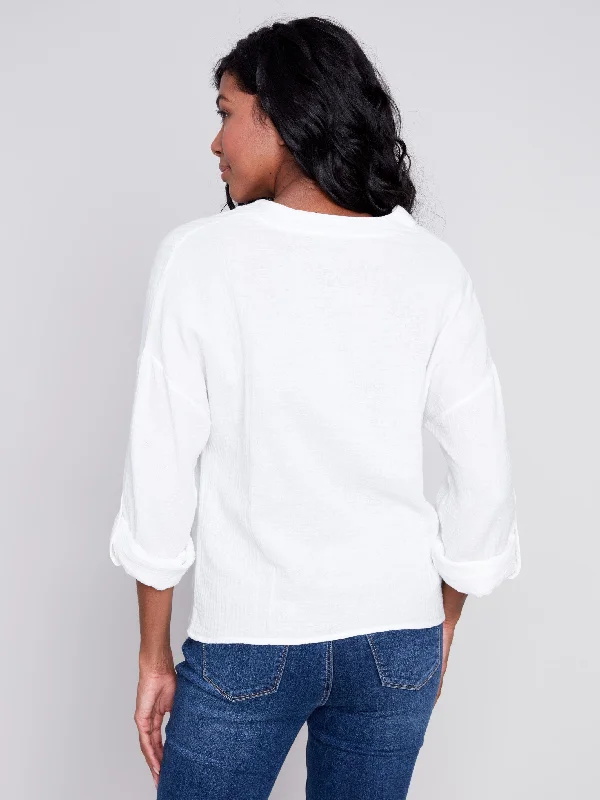 Bubble Cotton Blouse with Front Twist - White