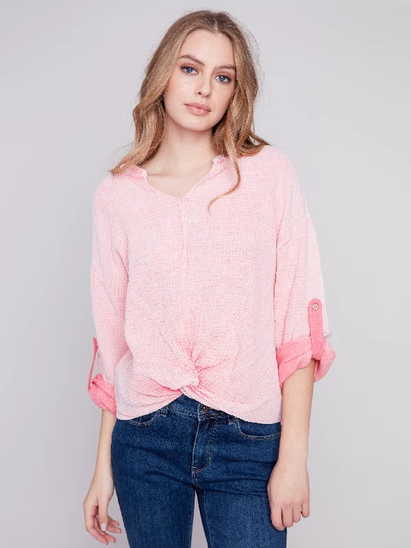 Bubble Cotton Blouse with Front Twist - Flamingo