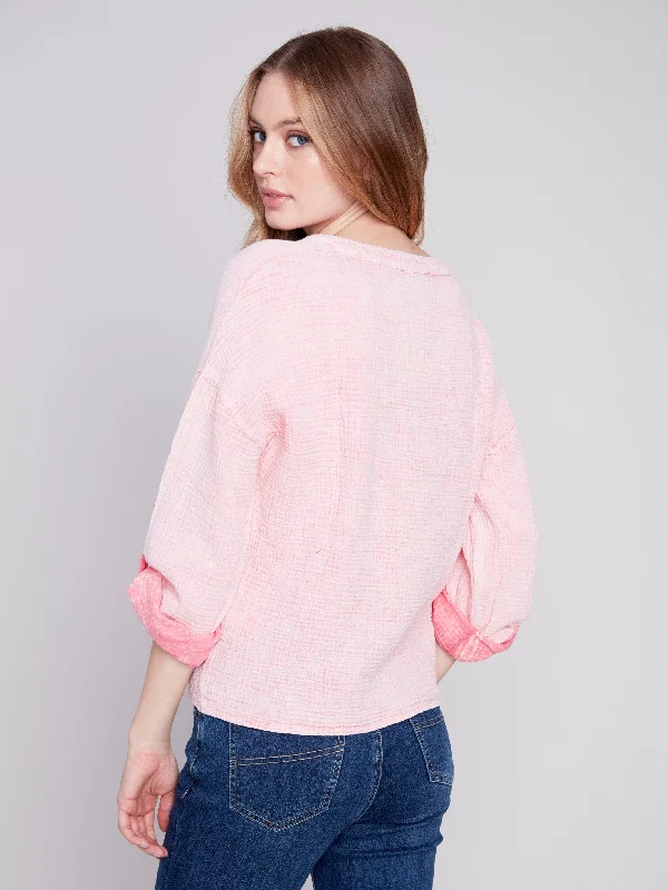 Bubble Cotton Blouse with Front Twist - Flamingo