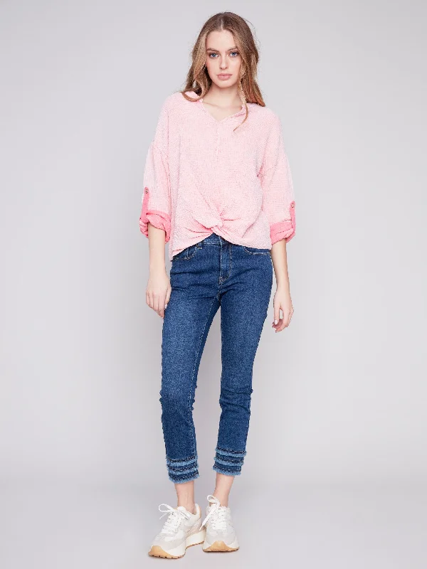 Bubble Cotton Blouse with Front Twist - Flamingo