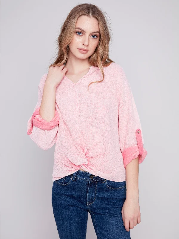 Bubble Cotton Blouse with Front Twist - Flamingo