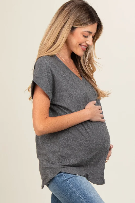 Charcoal V-Neck Pocket Short Sleeve Maternity Shirt