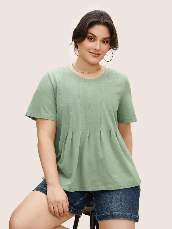 Cotton Crew Neck Tucked Seam Pleated T-shirt