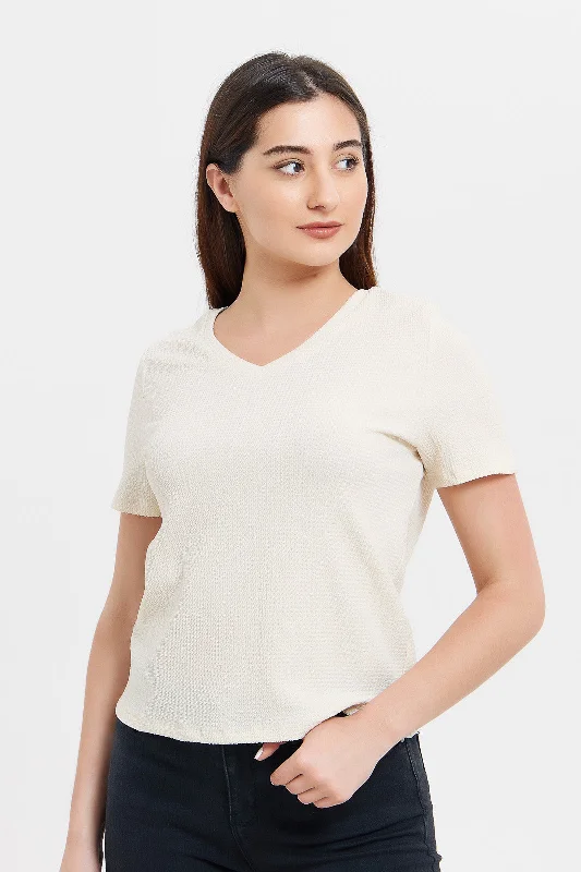 Women Cream Textured T-Shirt