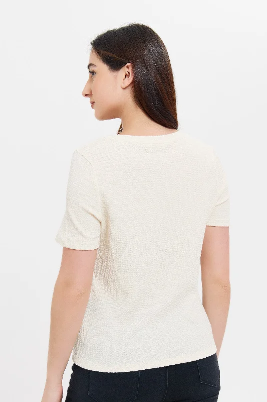 Women Cream Textured T-Shirt