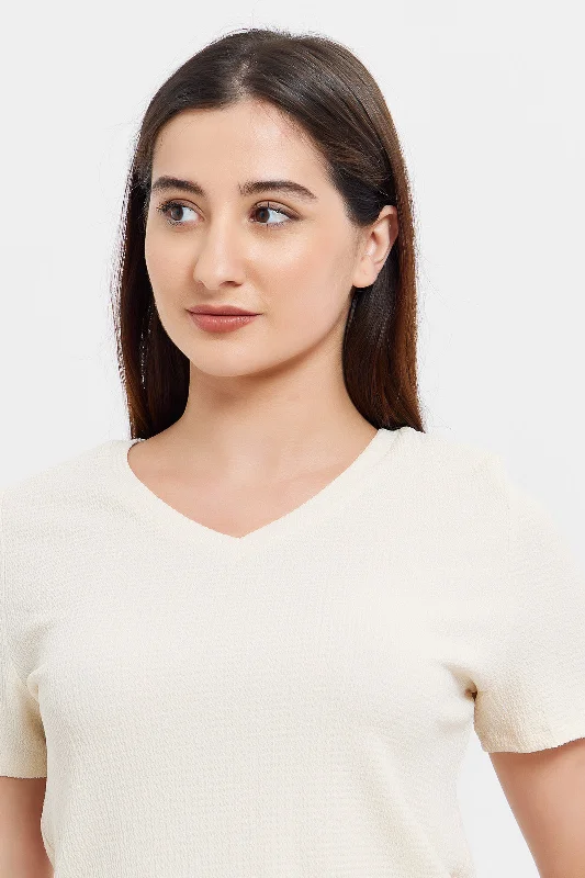 Women Cream Textured T-Shirt