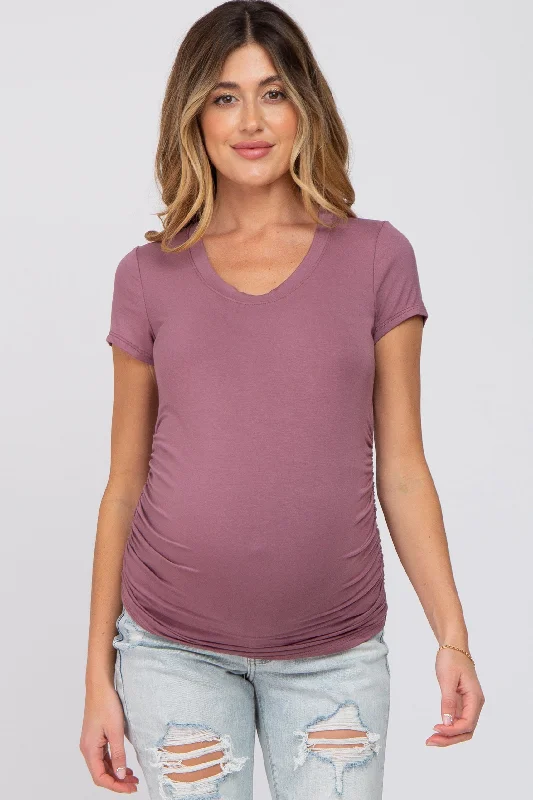 Dark Mauve Basic Short Sleeve Maternity Fitted Top