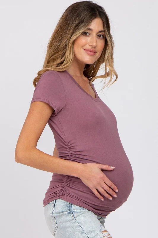 Dark Mauve Basic Short Sleeve Maternity Fitted Top