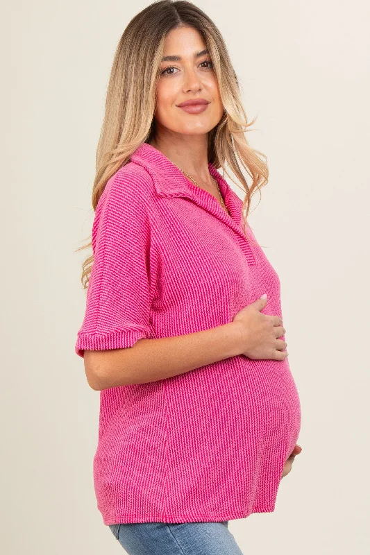 Fuchsia Ribbed Collared Maternity Top