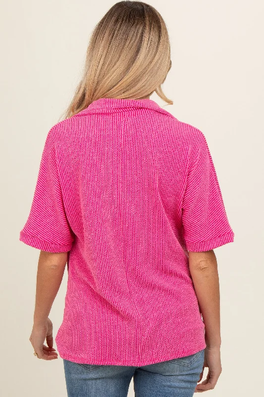 Fuchsia Ribbed Collared Maternity Top