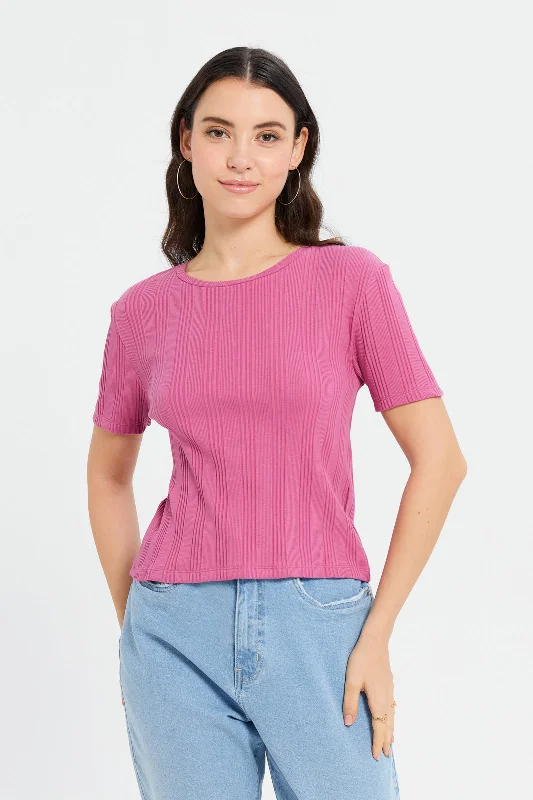 Women Fuchsia Ribbed Knitted T-Shirt