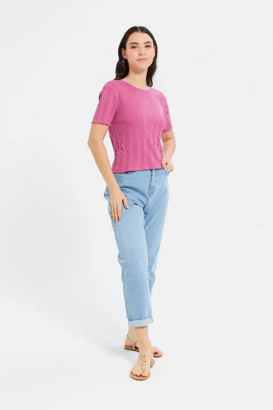 Women Fuchsia Ribbed Knitted T-Shirt