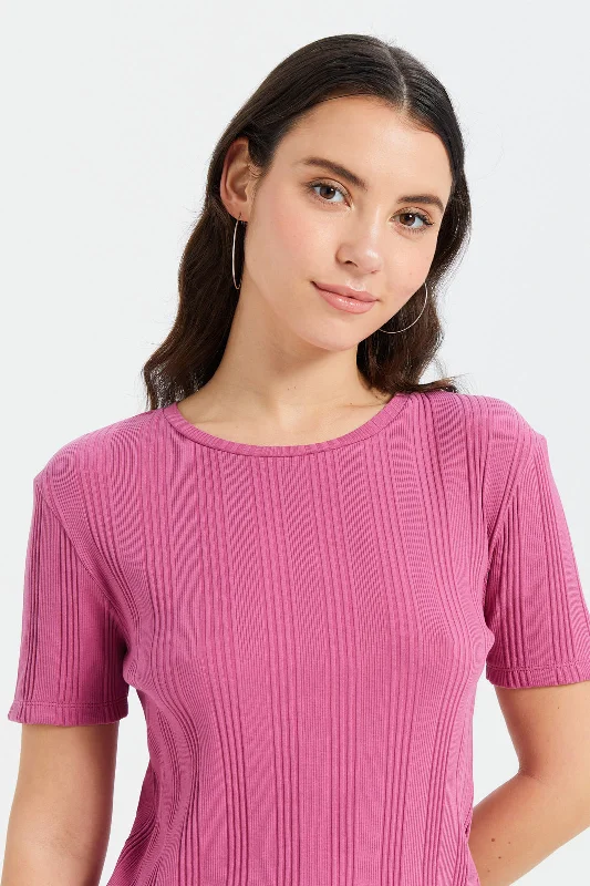 Women Fuchsia Ribbed Knitted T-Shirt