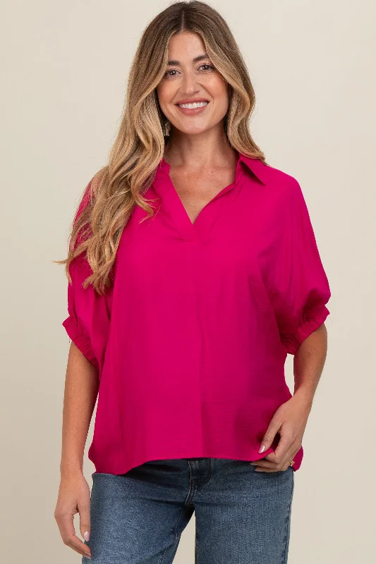 Fuchsia V-Neck Short Sleeve Maternity Top