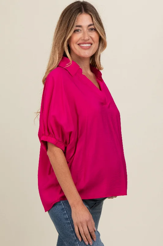 Fuchsia V-Neck Short Sleeve Maternity Top