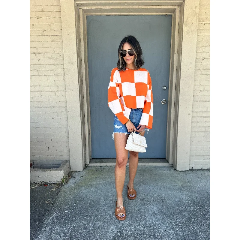 Get In Check Orange And White Checkered Top