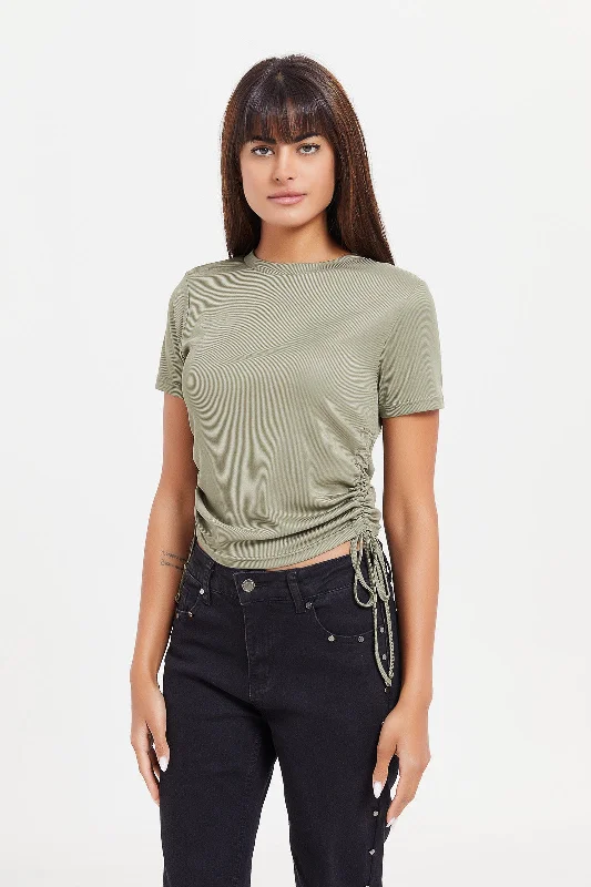 Women Green Side Ruched T-Shirt