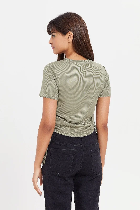 Women Green Side Ruched T-Shirt