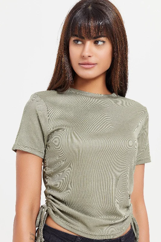 Women Green Side Ruched T-Shirt