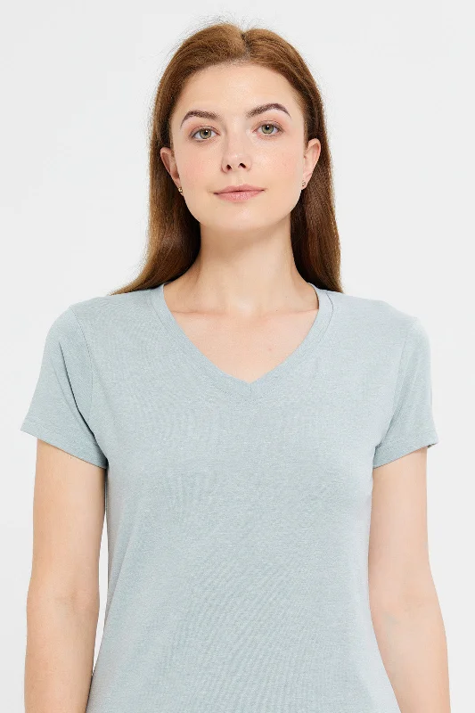 Women Grey Short Sleeve V- Neck T-Shirt