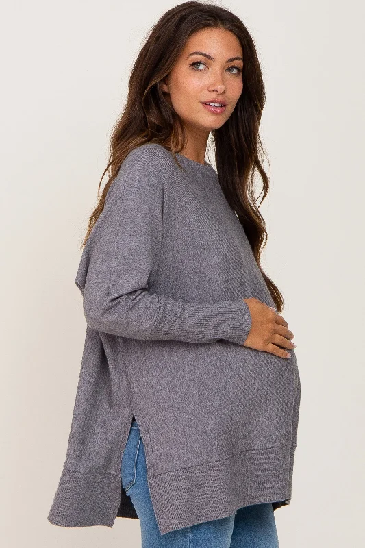 Heather Grey Dolman Sleeve Side Slit Maternity Sweater