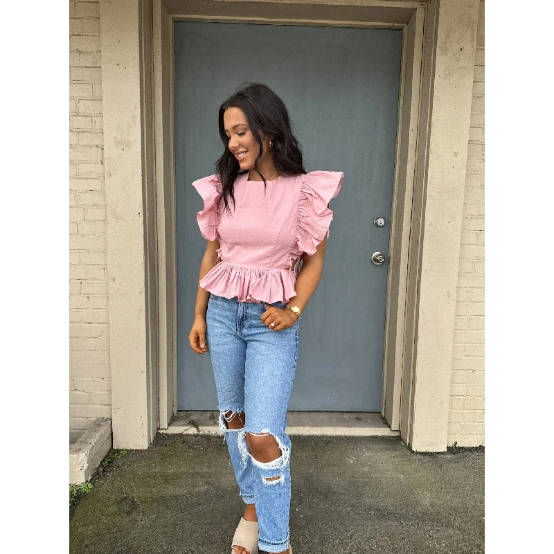 Isabella Pink Lace Up Ruffle Top