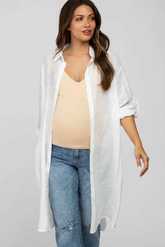 Ivory Button Front Side Slit Oversized Maternity Blouse