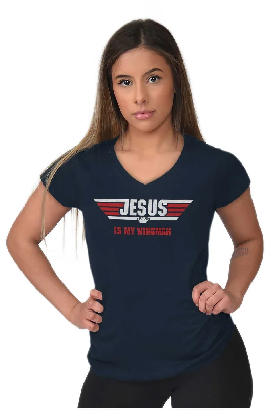 Jesus Is My Wingman Junior Fit V-Neck T Shirt