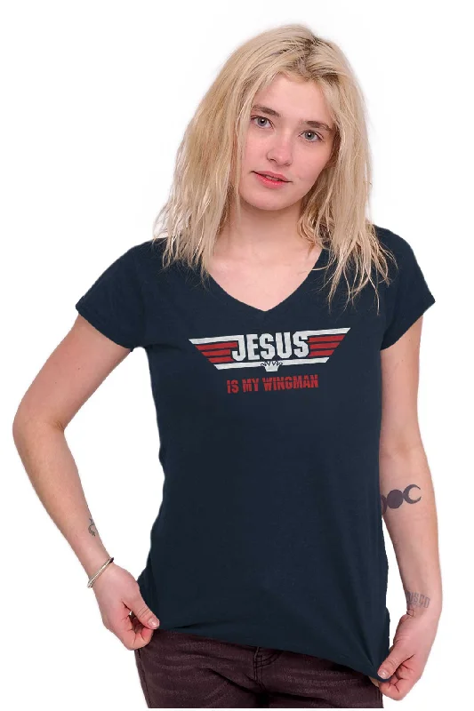 Jesus Is My Wingman Junior Fit V-Neck T Shirt