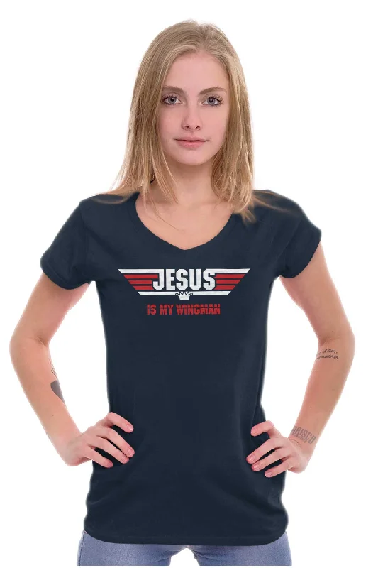 Jesus Is My Wingman Junior Fit V-Neck T Shirt