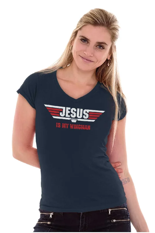 Jesus Is My Wingman Junior Fit V-Neck T Shirt