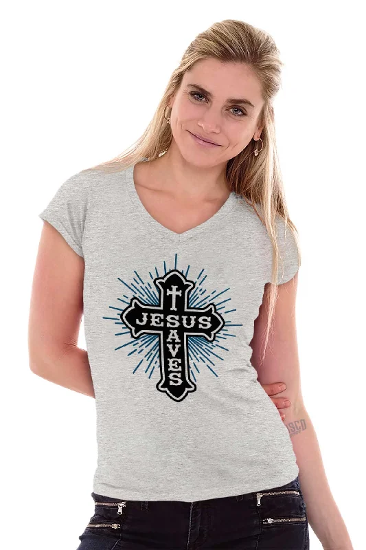 Jesus Saves Junior Fit V-Neck T-Shirt