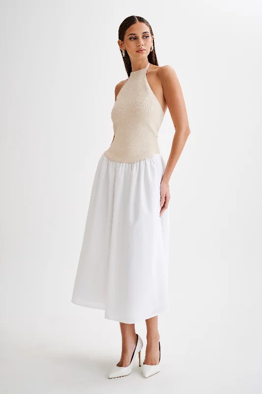 Katie Knit And Linen Midi Dress - Natural/White