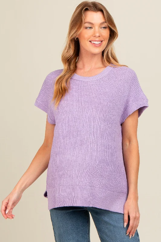 Lavender Dolman Short Sleeve Side Slit Maternity Sweater Top