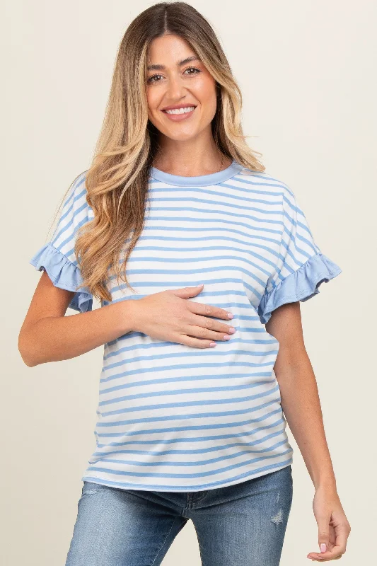 Light Blue Striped Ruffle Sleeve Maternity Top