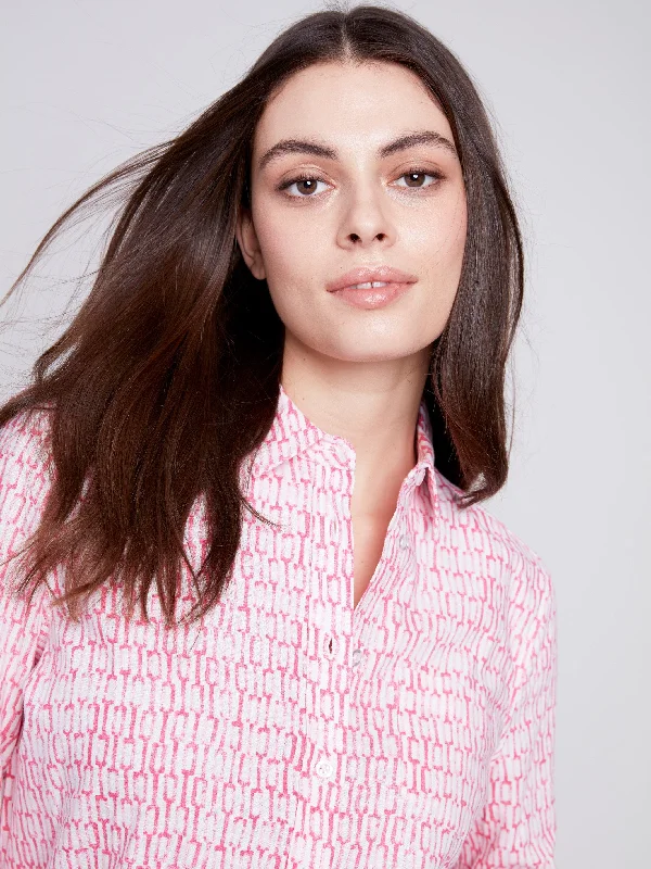 Linen Blend Button-Down Shirt - Flamingo