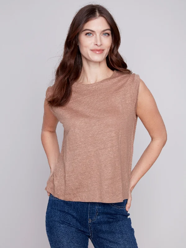 Linen Tank Top with Sleeve Detail - Caramel