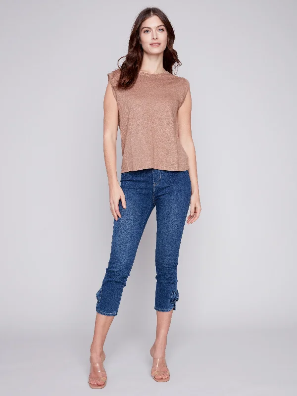 Linen Tank Top with Sleeve Detail - Caramel