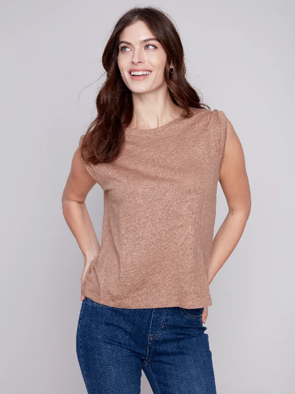 Linen Tank Top with Sleeve Detail - Caramel