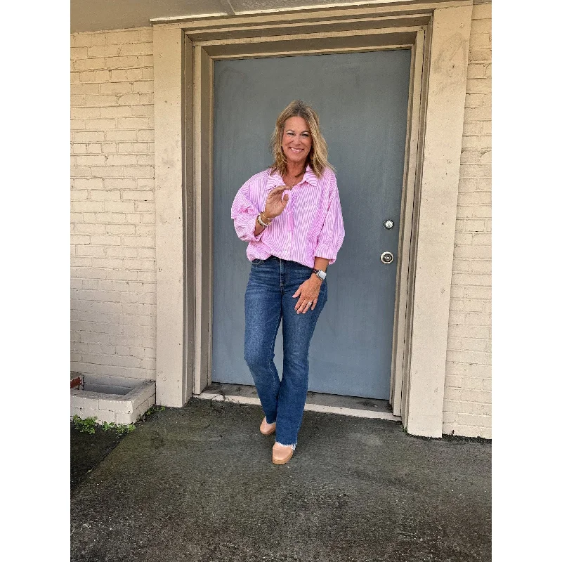 Margo Pink and White Boyfriend Button Down Top