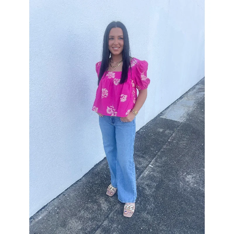 Maui Floral Print Top With Puff Sleeves - Fuchsia