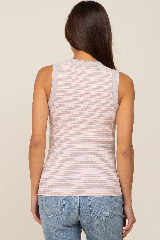 Mauve Striped Raw Hem Trim Maternity Tank Top