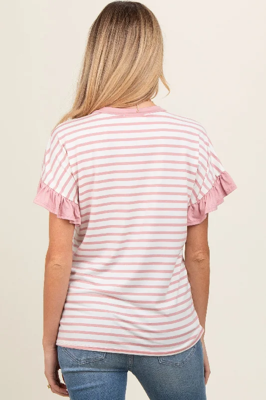 Mauve Striped Ruffle Sleeve Maternity Top