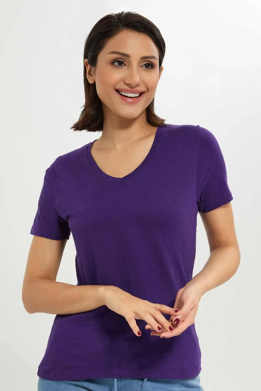 Women Mauve Basic V-Neck T-Shirt