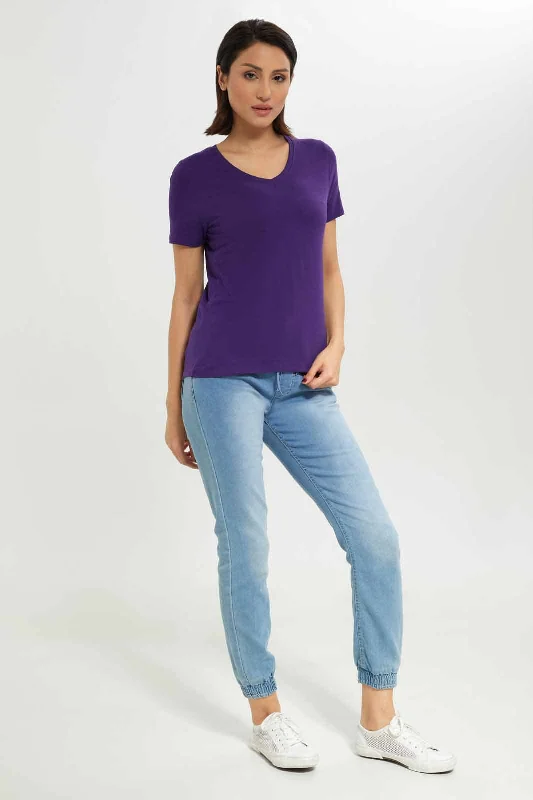 Women Mauve Basic V-Neck T-Shirt