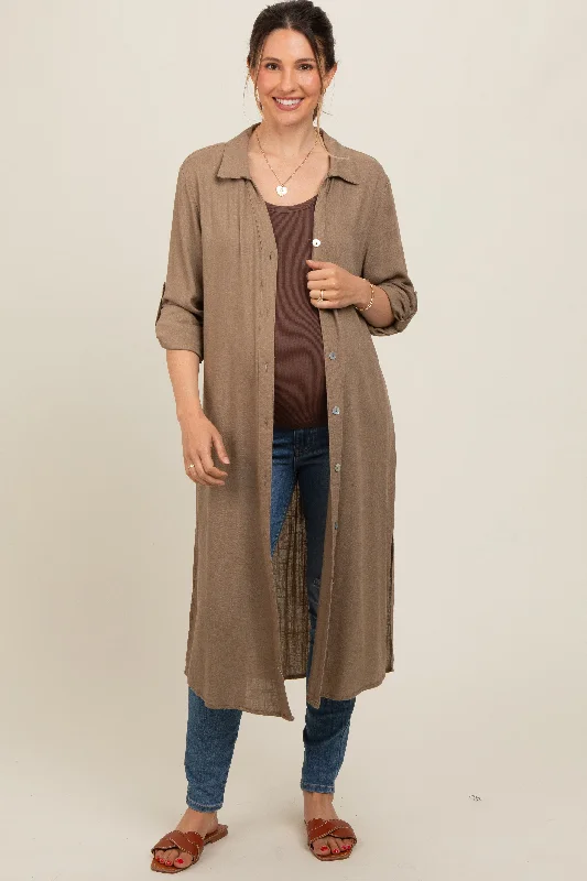 Mocha Collared Button Down Long Maternity Blouse