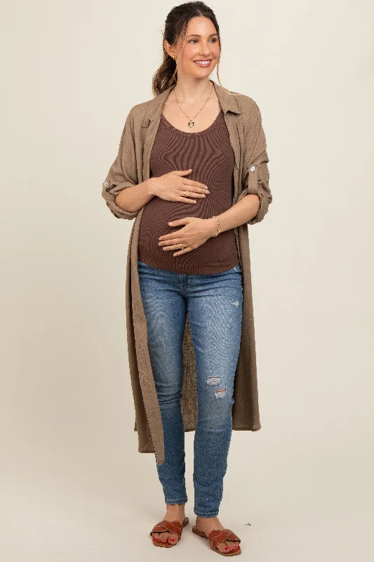 Mocha Collared Button Down Long Maternity Blouse