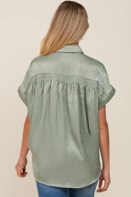 Olive Satin Button Down Smocked Accent Maternity Top